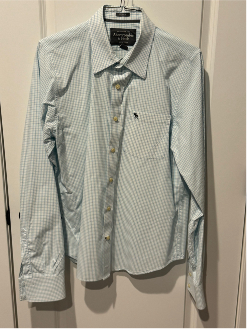 Men's Abercrombie & Fitch Button Down Muscle Fit Shirt XL White Blue Grid Check